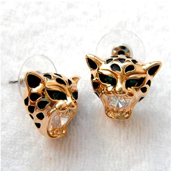 18k Gold Plated Cheetah Head Earrings - Picture 5 of 11